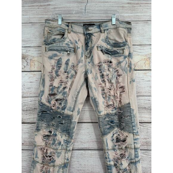 Embellish Distressed Moto Jeans Mens 34 Blue Pink Washed Denim - Picture 3 of 12